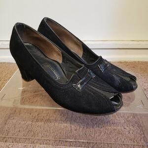 Vintage 1930s-1950s Black Suede Peep Toe Heels 8-8.5